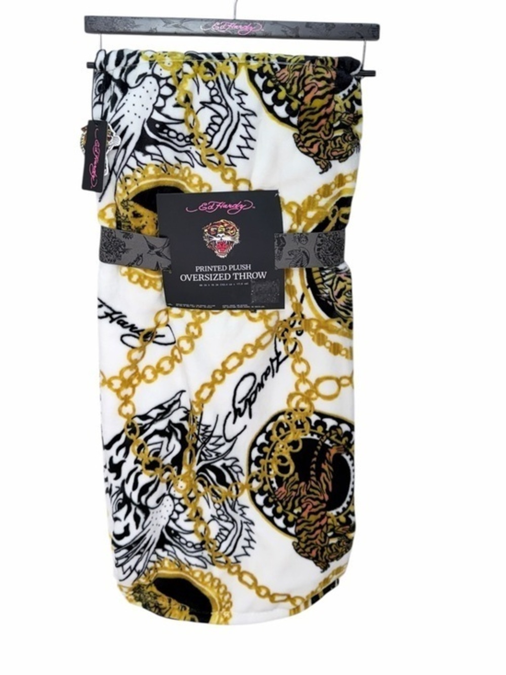 Ed Hardy Tiger Gold Chain Print Oversized Plush Throw Blanket 60x70 New